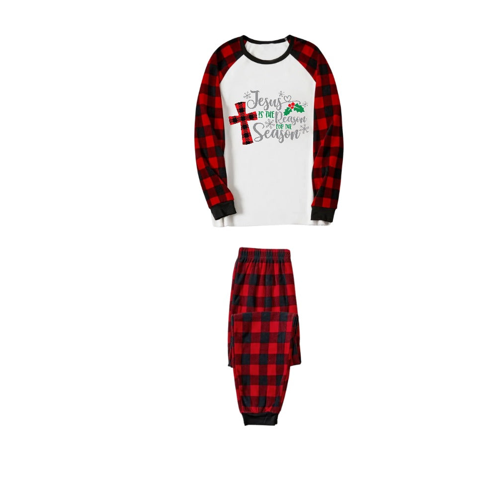 WW | Weihnachten "Jesus ist der Grund für die Saison" Buchstabenprint Muster Weiß Langarm mit Schwarz&Rot Karierter Hose Familien passende Pyjamas