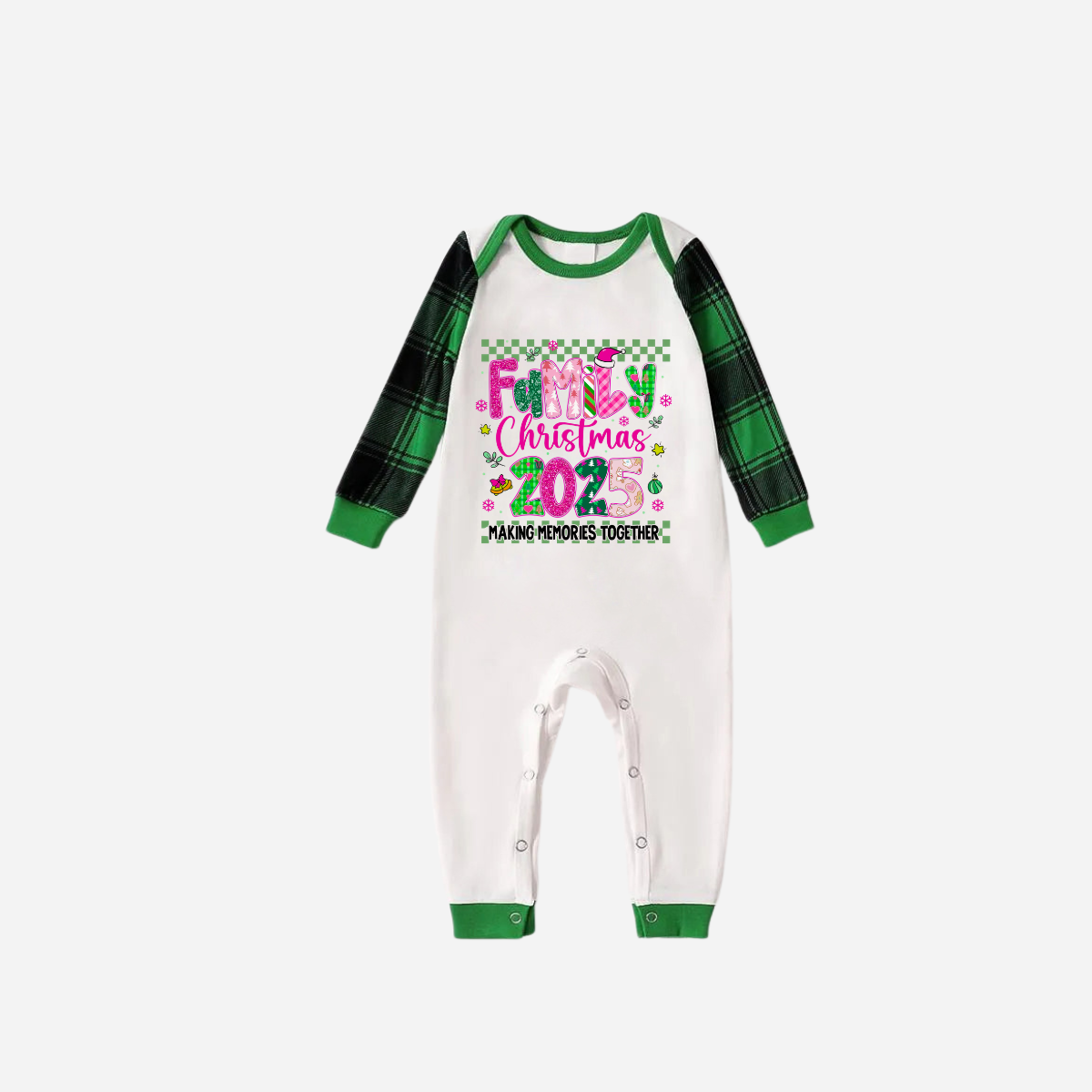 WW | "Family Christmas 2025" Faux Glitter Green Raglan Sleeve and Green Plaid Christmas Pajama Set