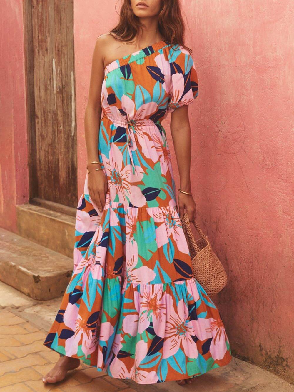 Off-the-shoulder Dress with Palm Leaf Print and Floral Vacation Style