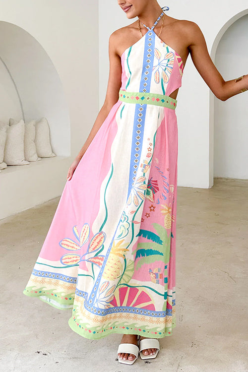 WW | Halter Lace-Up Backless Rio Print Maxi Dress