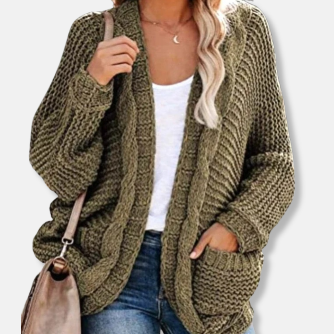 WW | Woll Übergroßer Cardigan - Gerippter Offener Fronttaschen Cardigan