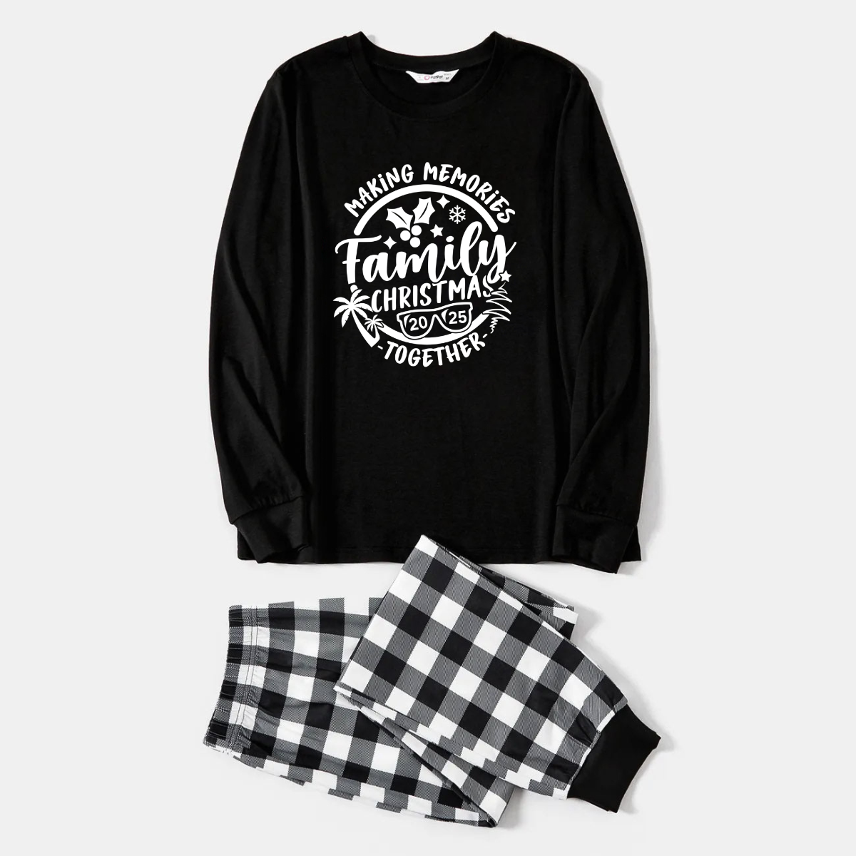 WW | Christmas Memories Together 2025 Print Black Long-Sleeve Top with Black and White Plaid Pants Family Matching Pajamas