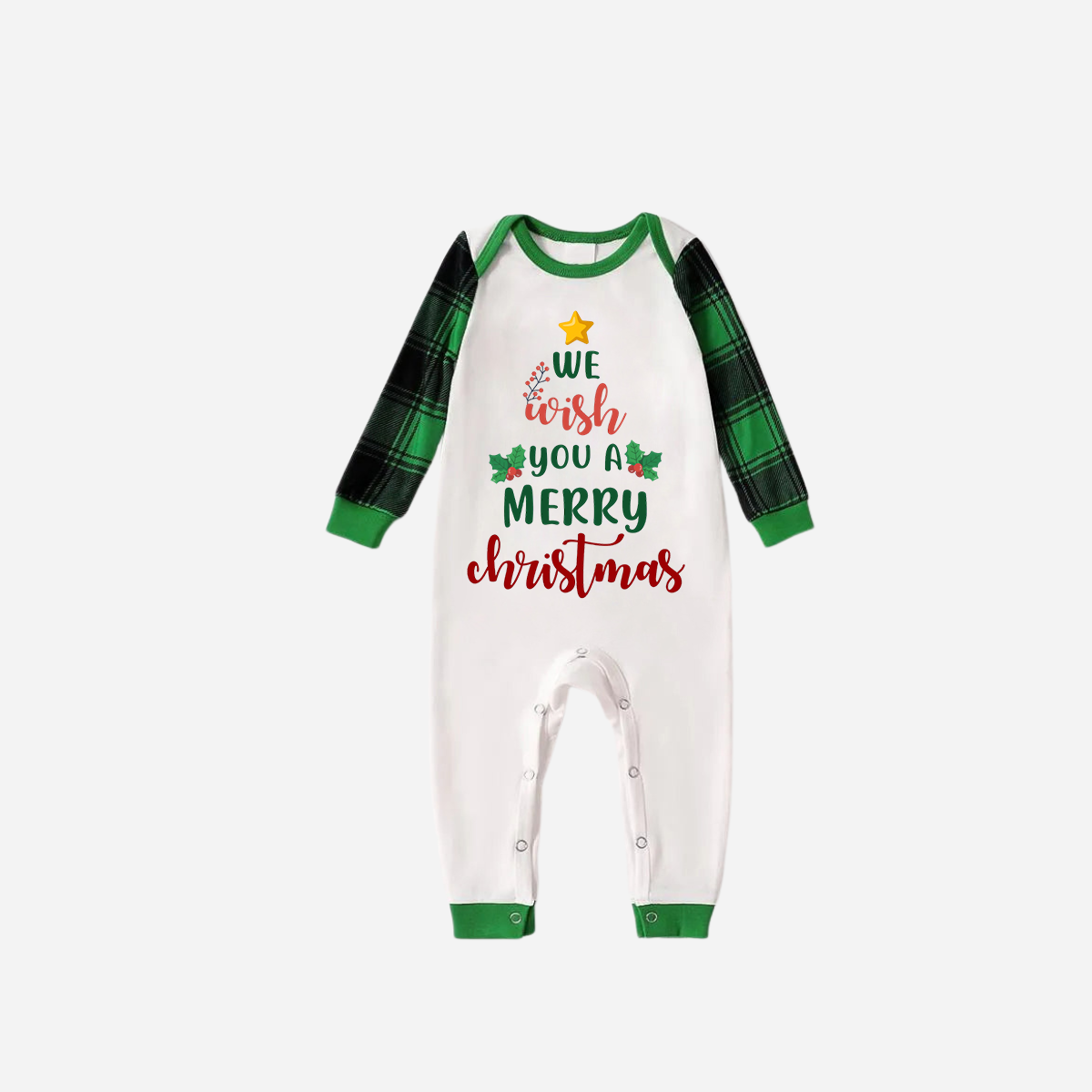 WW | Grünes Raglan Top Grüner Karierter Weihnachts-Pyjama-Set Mit "Wir wünschen Ihnen frohe Weihnachten" Textdruck