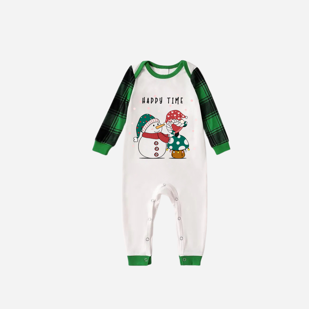 WW | Green Raglan Top Green Plaid Christmas Pajama Set with Snowman and Gnome and "Happy Time" Text Print