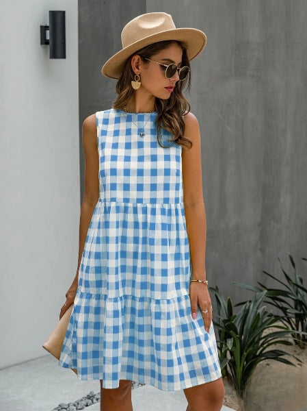 WW | Mode, Locker Geschnittenes Damenkleid mit Rundhalsausschnitt, Kariert Pastelmittelrock