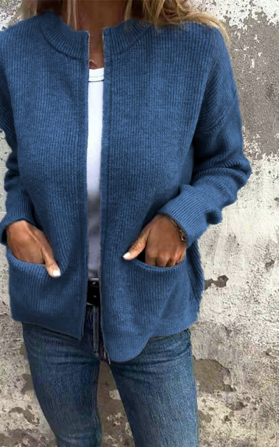 WW | Strickjacke - Rundhalsausschnitt & Reißverschluss - Weiche Baumwolle