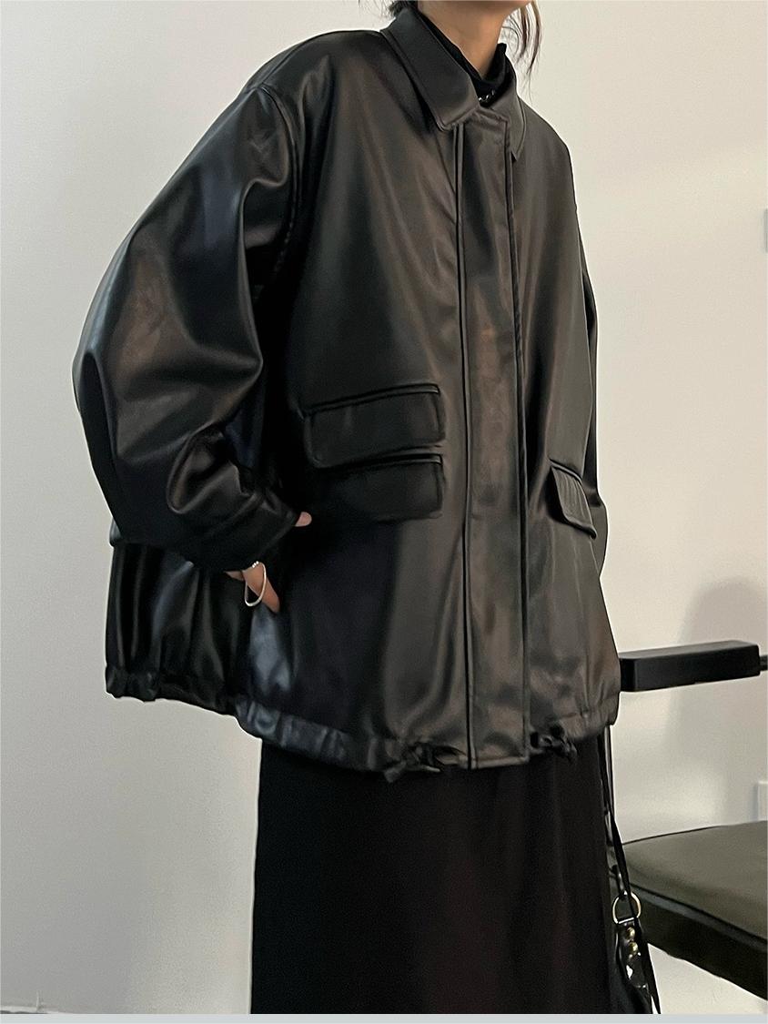 WW | Oversized Black Vegan Leather Jacket with Zipper