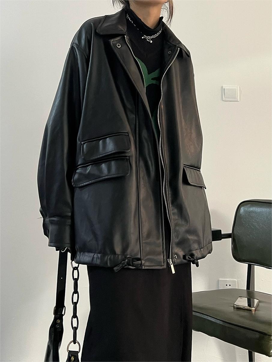 WW | Oversized Black Vegan Leather Jacket with Zipper