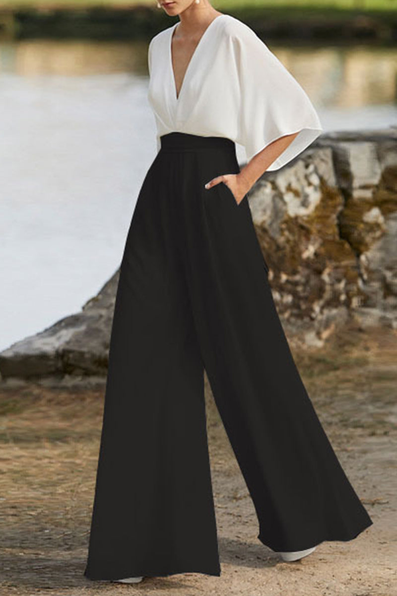 WW | British Style Elegant Colorblock Pocket Contrast V-neck Loose Jumpsuits