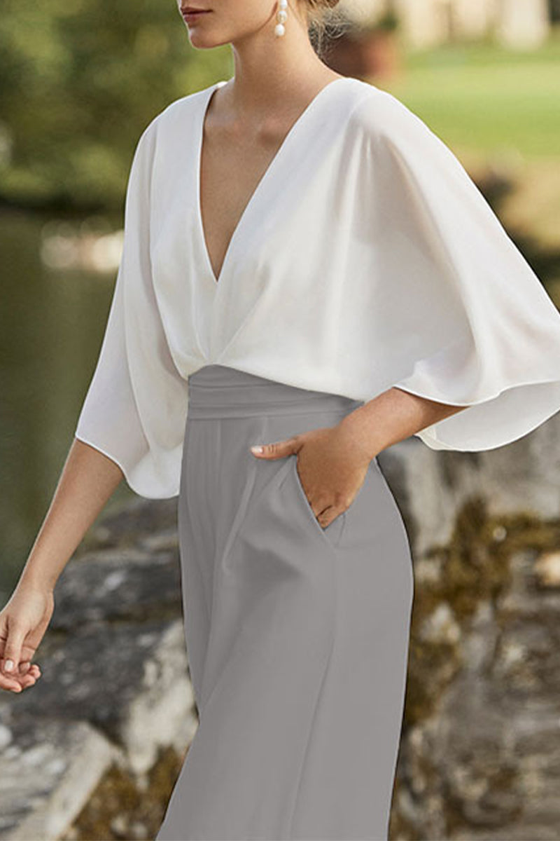WW | British Style Elegant Colorblock Pocket Contrast V-neck Loose Jumpsuits