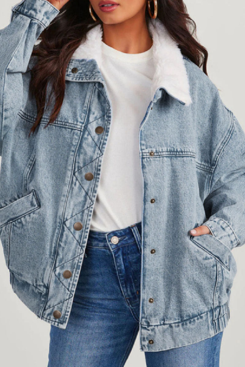 WW | Solide Patchwork Umlegekragen Langarm Reguläre Denimjacke