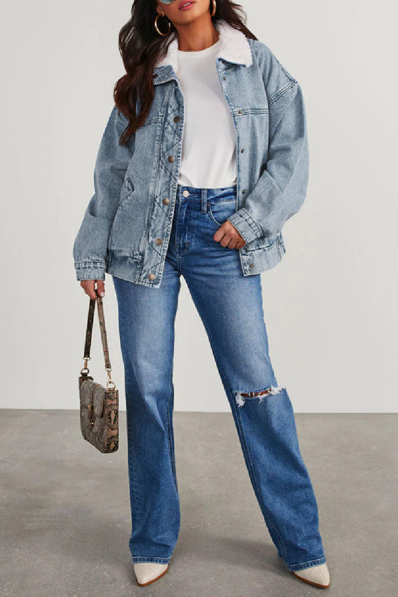 WW | Solide Patchwork Umlegekragen Langarm Reguläre Denimjacke