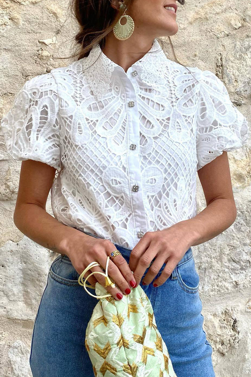 WW | Casual Solid Lace Hollowed Out Turn-down Collar Tops