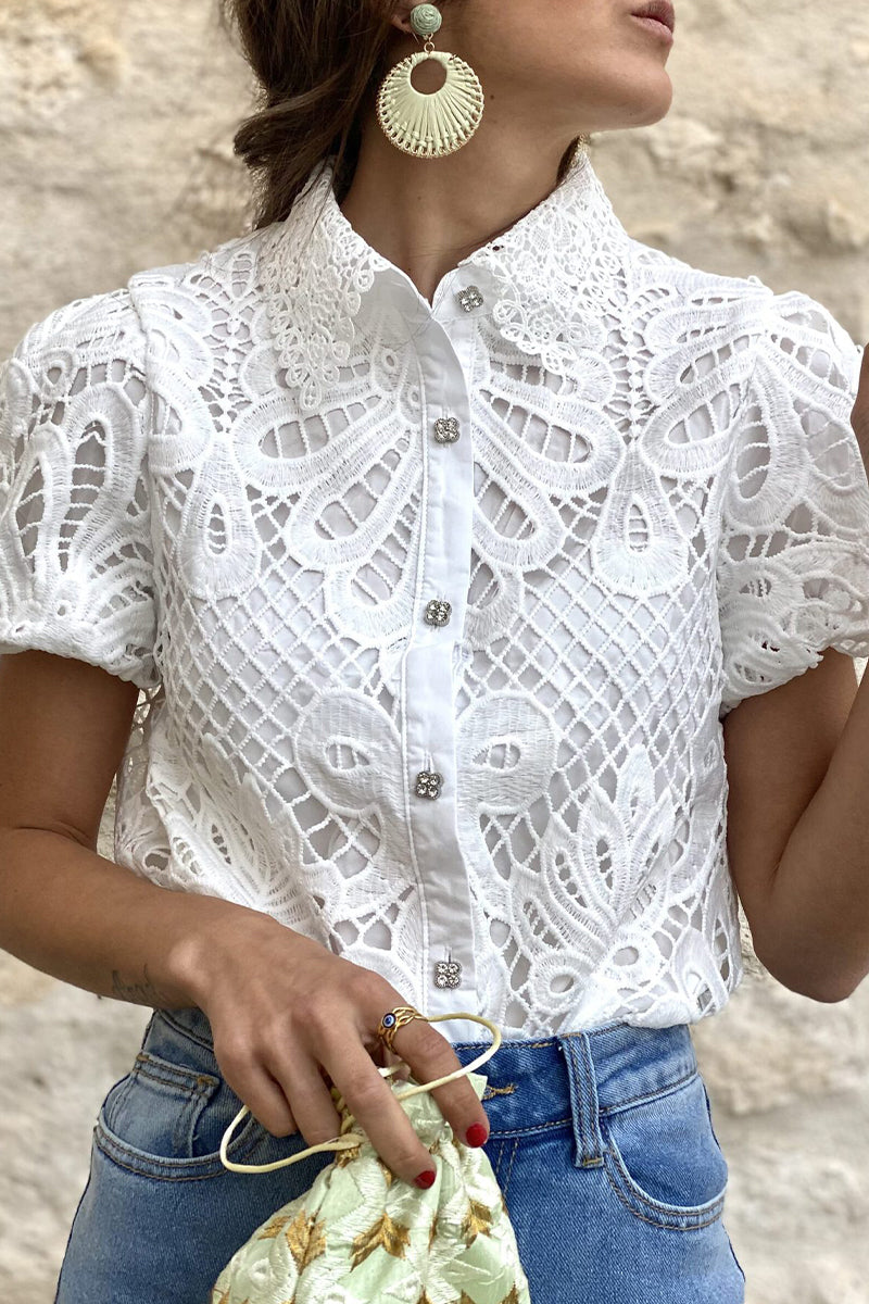 WW | Casual Solid Lace Hollowed Out Turn-down Collar Tops