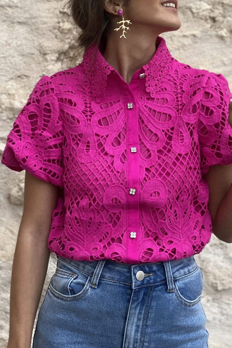 WW | Casual Solid Lace Hollowed Out Turn-down Collar Tops