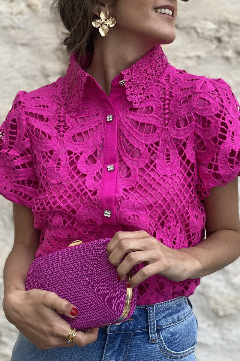WW | Casual Solid Lace Hollowed Out Turn-down Collar Tops