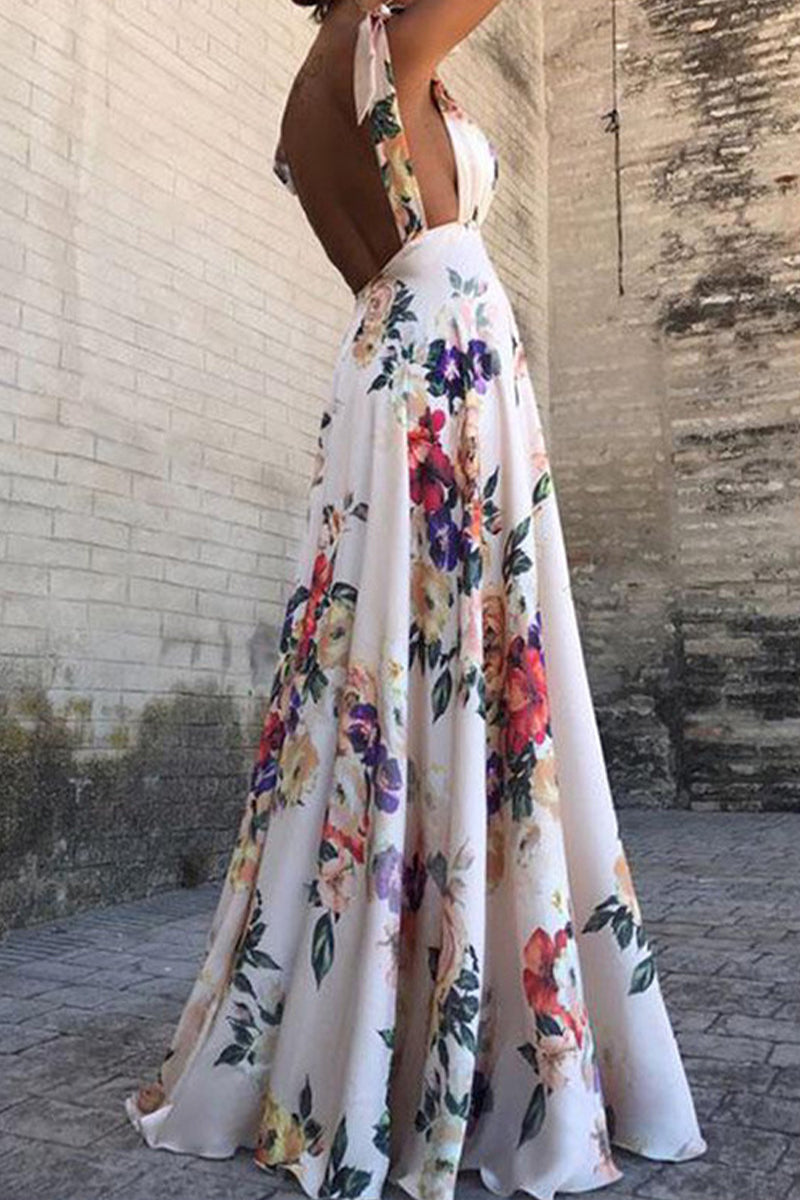 WW | Elegantes florales rückenfreies V-Ausschnitt bedrucktes Kleid Kleider