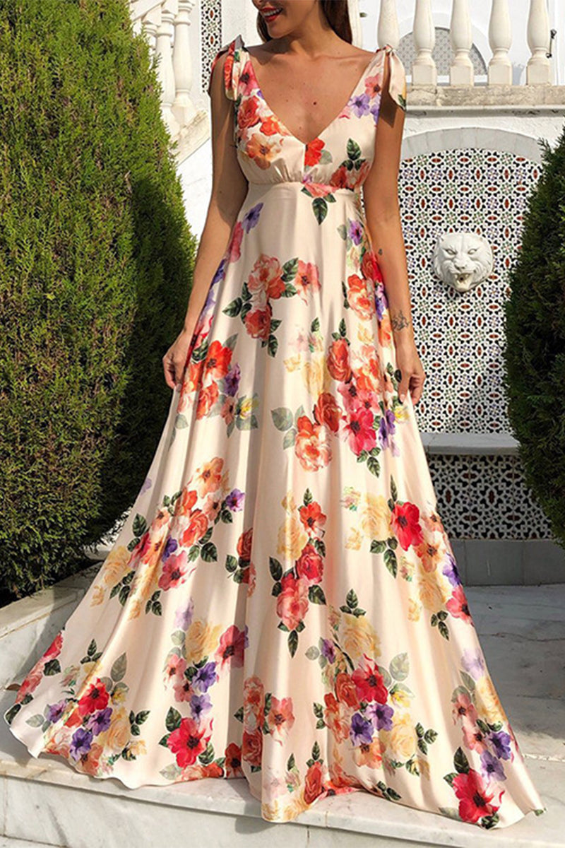 WW | Elegantes florales rückenfreies V-Ausschnitt bedrucktes Kleid Kleider