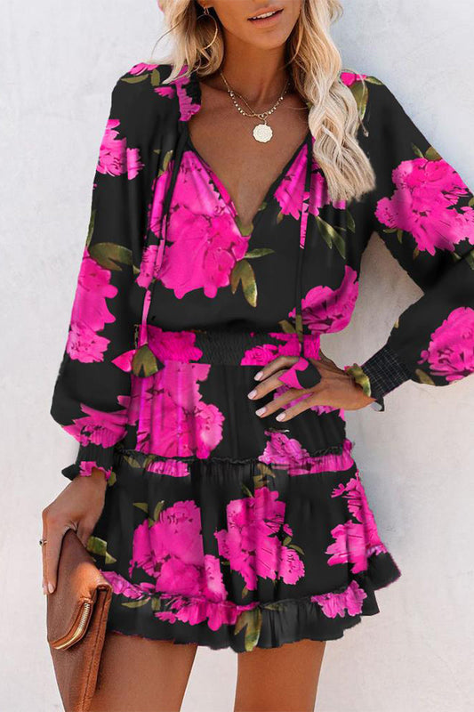 WW | Vintage Geometrisches Druck Frenulum Rüsche Falten V-Ausschnitt Taille Rock Kleider