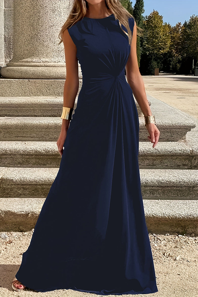 WW | Elegante Schlichtheit Einfarbig Falten O-Ausschnitt Westen Kleid