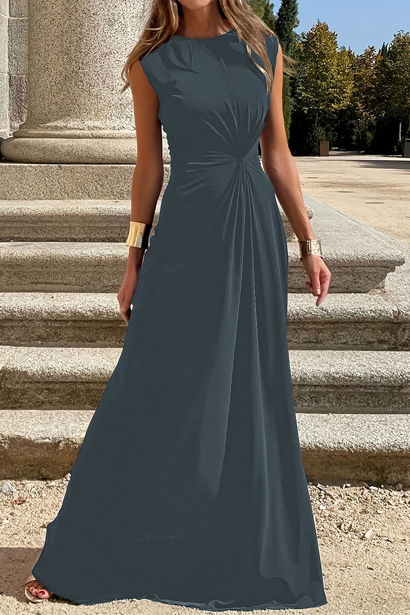 WW | Elegante Schlichtheit Einfarbig Falten O-Ausschnitt Westen Kleid