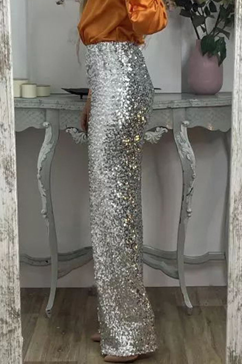 WW | Women's High-Waisted Sequin Straight-Leg Trousers