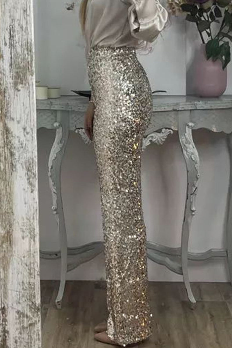 WW | Women's High-Waisted Sequin Straight-Leg Trousers