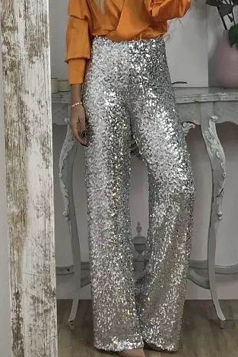 WW | Women's High-Waisted Sequin Straight-Leg Trousers