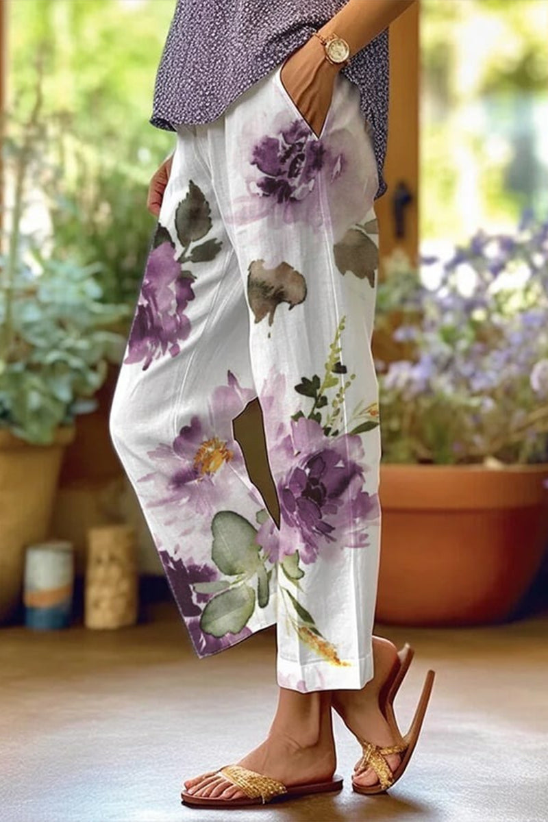WW | Lässige florale Patchwork lockere Mittel Taille gerade Volldruck Hosen