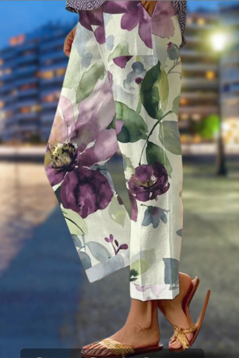 WW | Lässige florale Patchwork lockere Mittel Taille gerade Volldruck Hosen