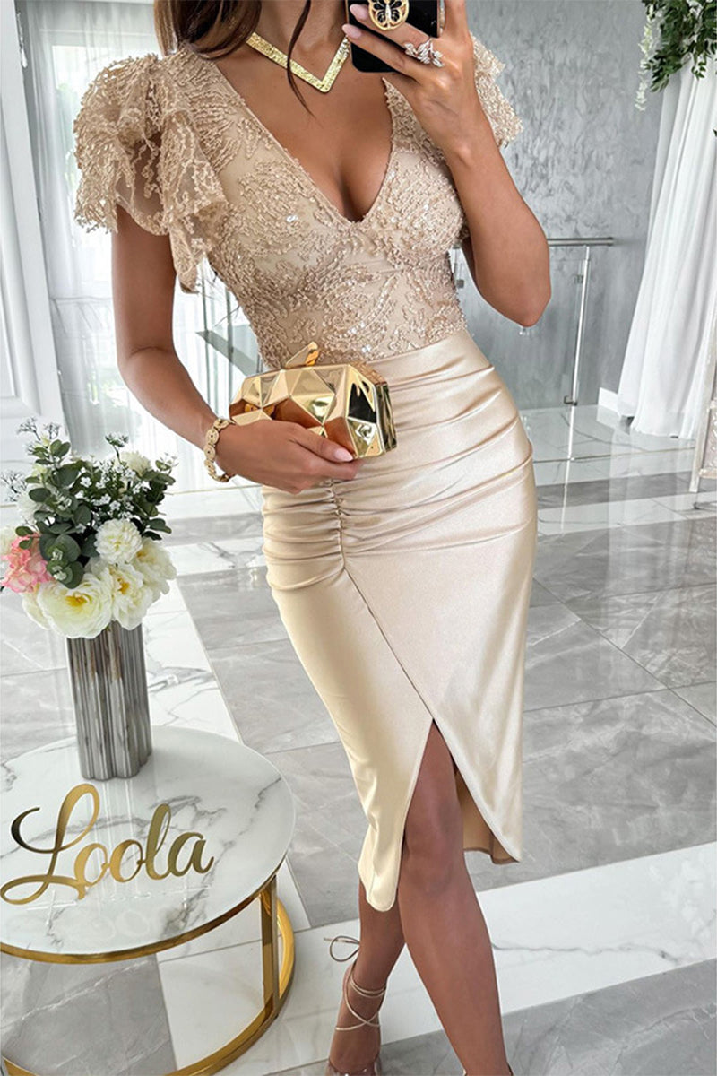 WW | Prominente Elegante Einfarbige Pailletten Fold V-Ausschnitt Eingewickelte Rockkleider