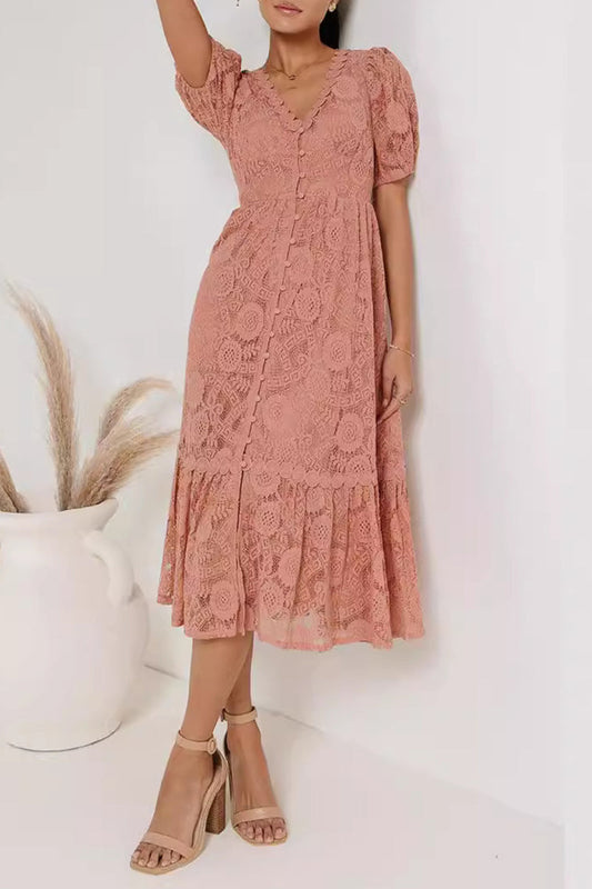 WW | Casual Daily Solid Lace Button V-Neck A-Line Dresses - 4 Colors