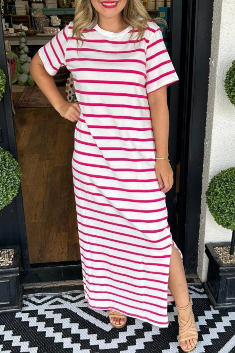 WW | Casual Striped Print Slit O-Neck Long Dresses - 6 Colors