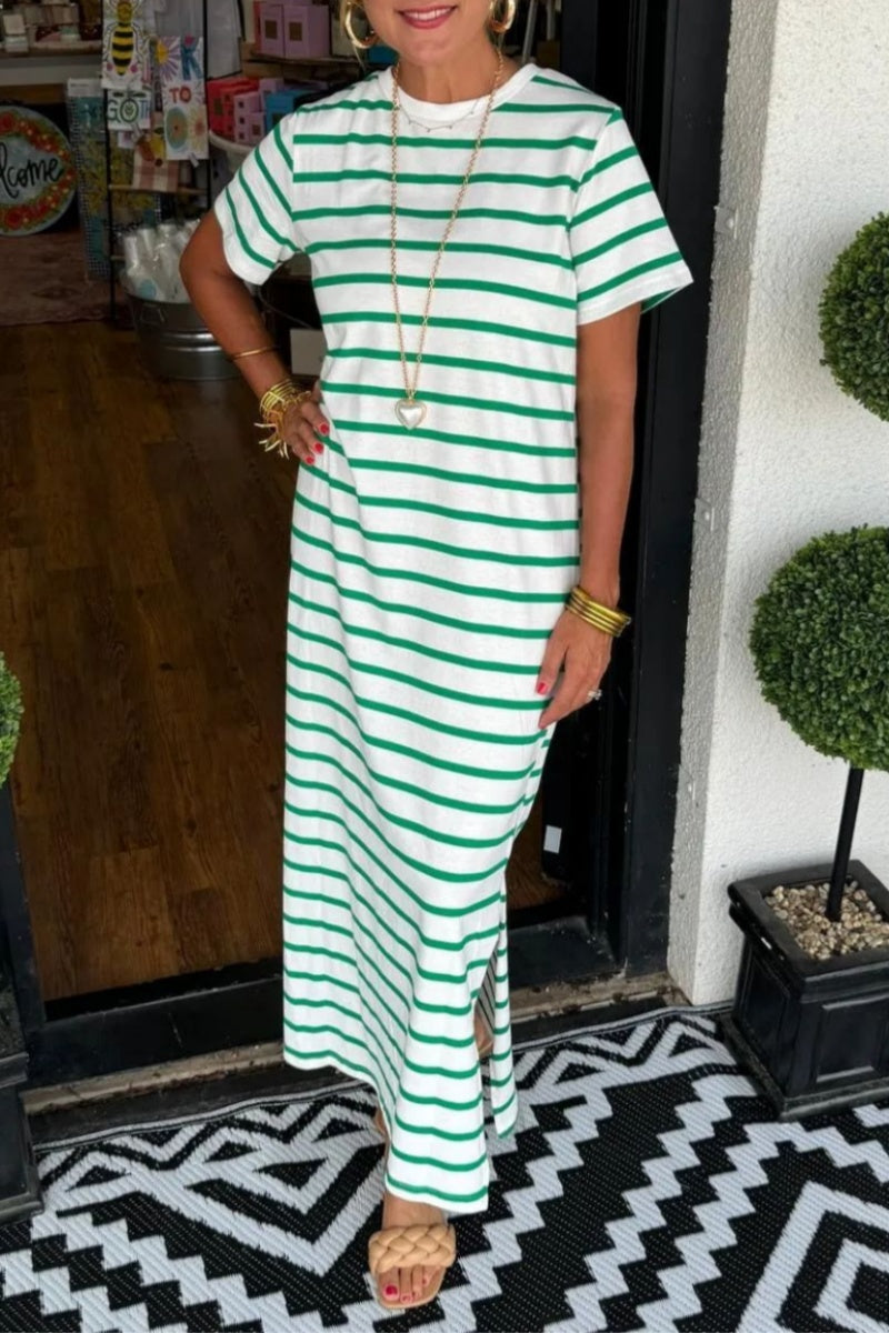 WW | Casual Striped Print Slit O-Neck Long Dresses - 6 Colors