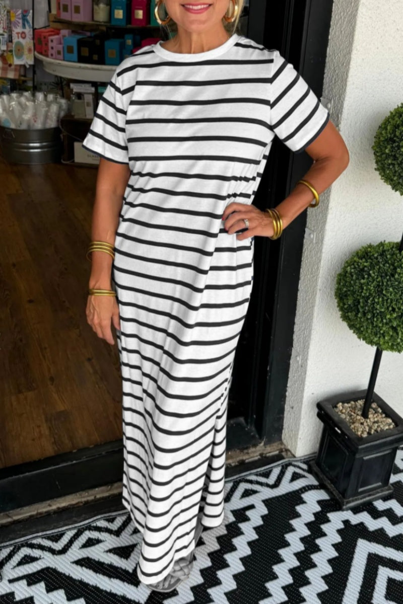 WW | Casual Striped Print Slit O-Neck Long Dresses - 6 Colors