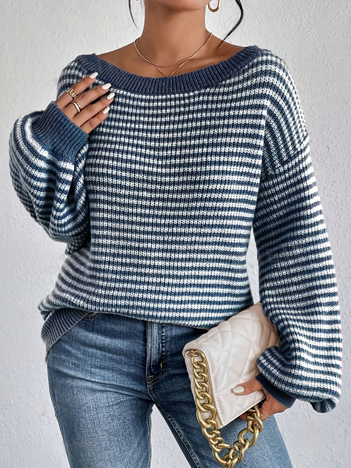 WW |  Schulterfreier Baumwollpullover mit Streifen, elastischem Stoff und Rundhalsausschnitt Pullover Damen - Ideal für Frühling