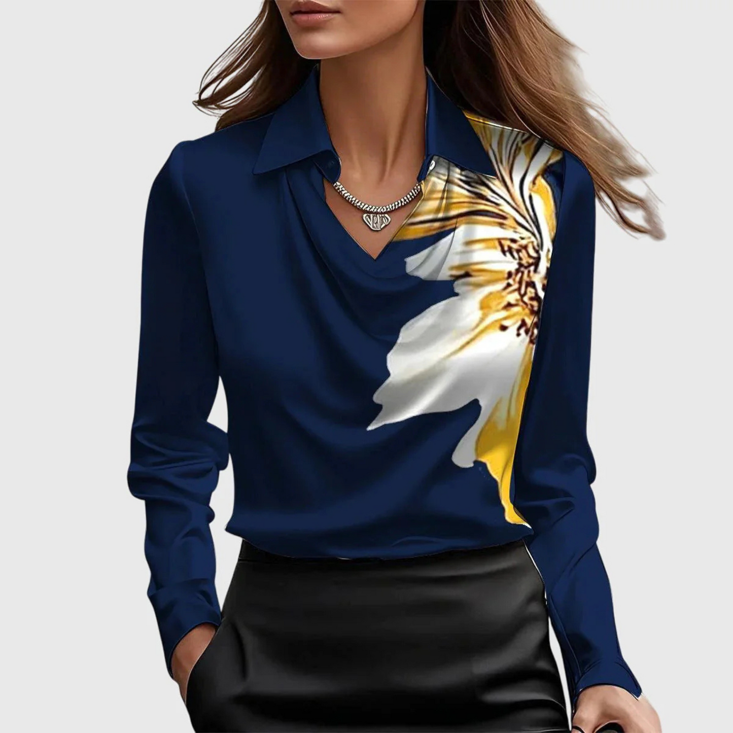 Lynn Elegant Blouse - Blue with Floral Pattern