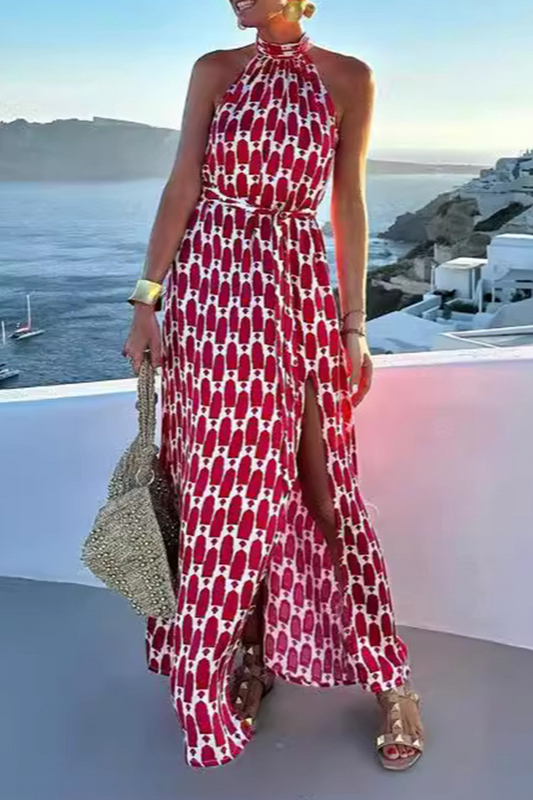 WW | Elegante ärmellose Kleider mit geometrischem Druck, Schlitz und Halsband