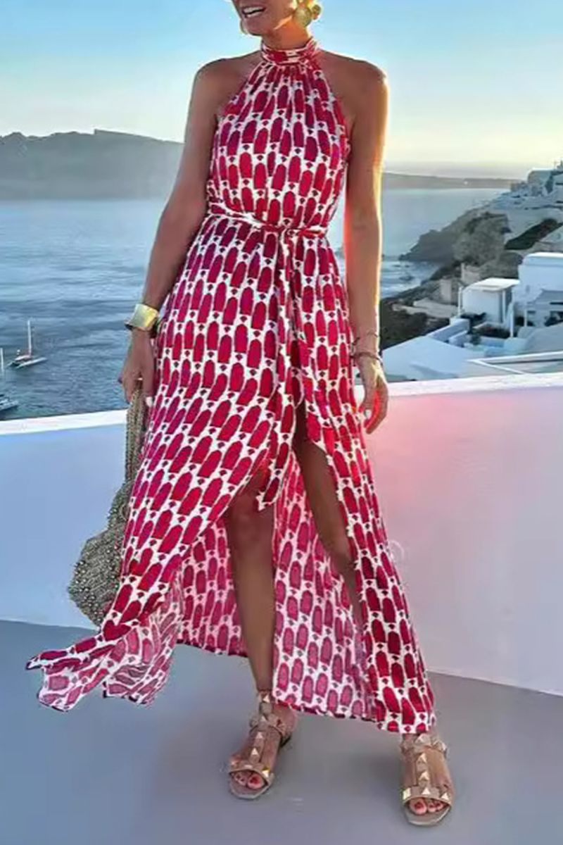 WW | Elegante ärmellose Kleider mit geometrischem Druck, Schlitz und Halsband