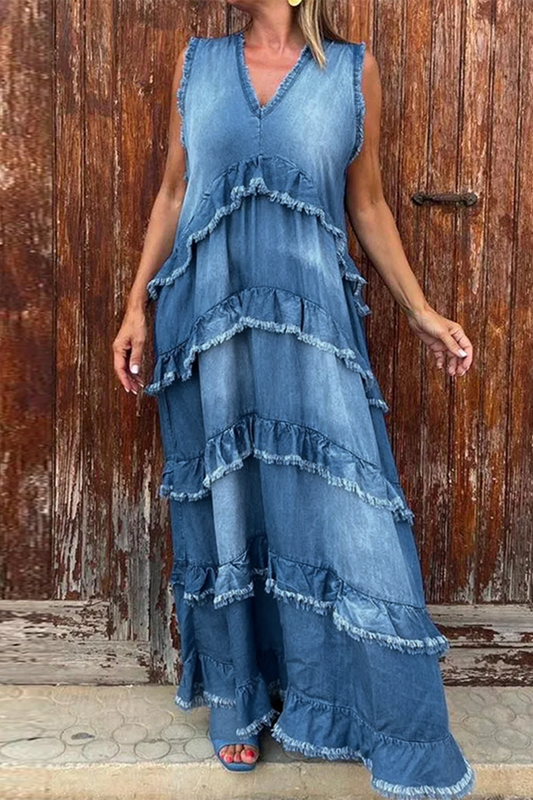 WW | Casual Ripped Ruffle V-Neck Sleeveless Loose Denim Dresses - 3 Colors