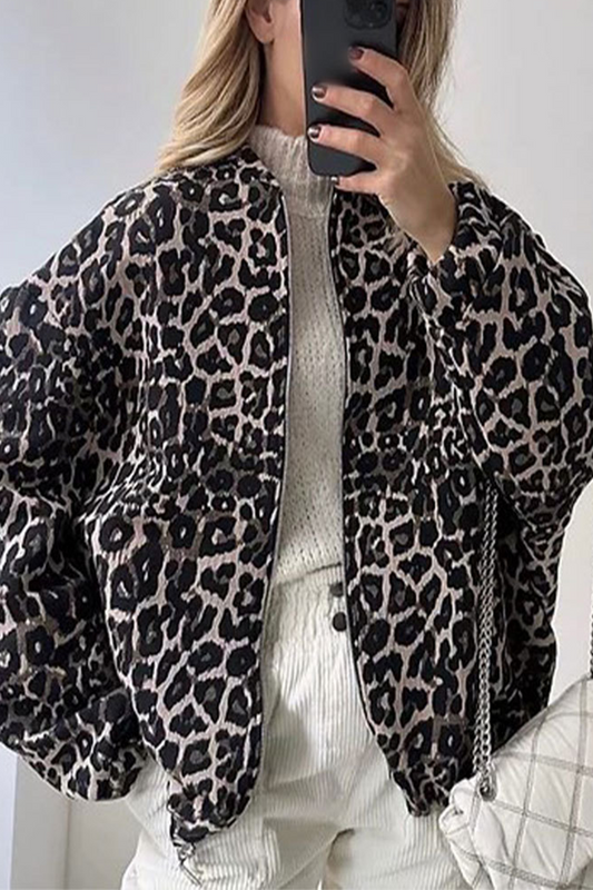 WW | Daily Leopard Print Contrast O-Neck Jacket