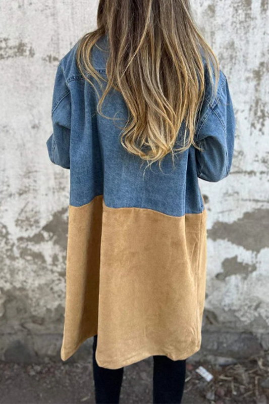 WW | Street Buttons Patchwork Contrast Turn-down Collar Long Sleeve Loose Denim Jacket