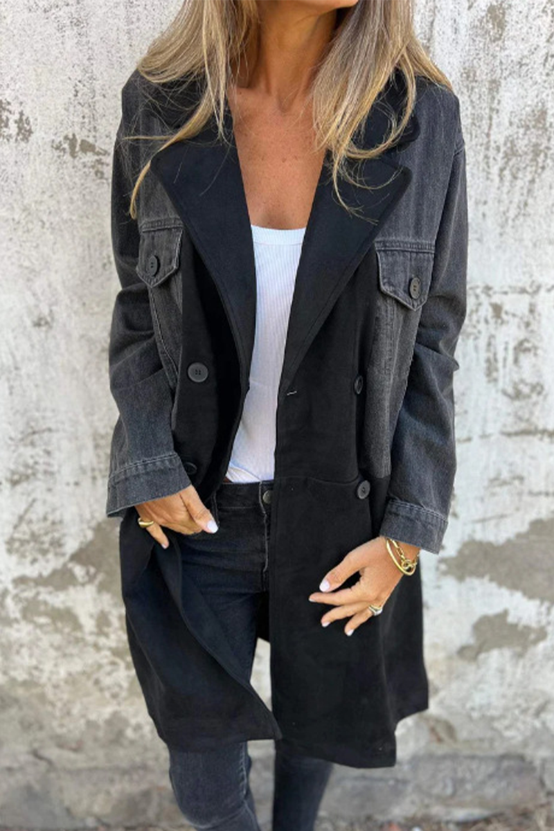WW | Street Buttons Patchwork Contrast Turn-down Collar Long Sleeve Loose Denim Jacket