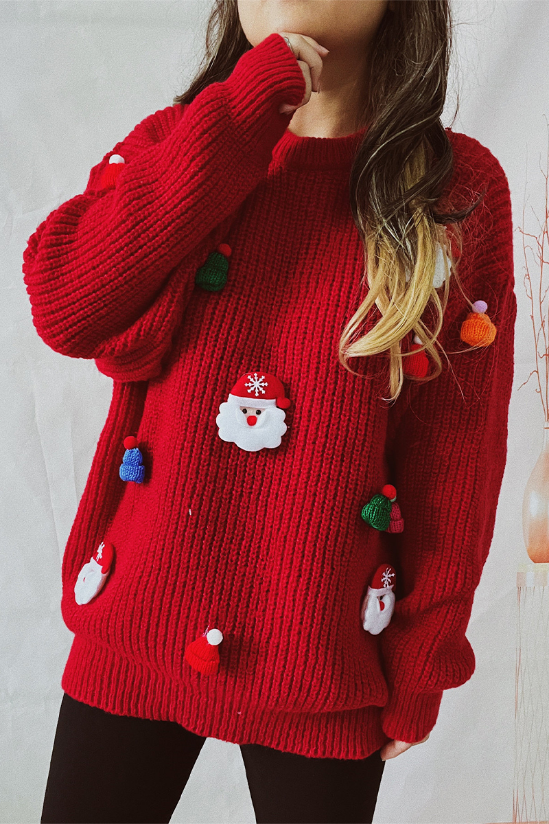 WW | Lässiger Weihnachtsmann Weihnachtsbaum Patchwork Webart Rundhals Pullover