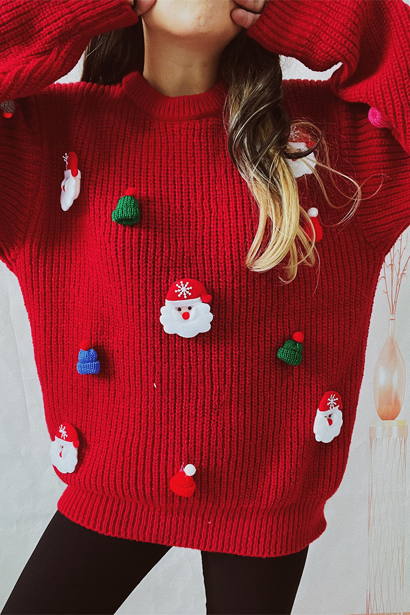 WW | Lässiger Weihnachtsmann Weihnachtsbaum Patchwork Webart Rundhals Pullover