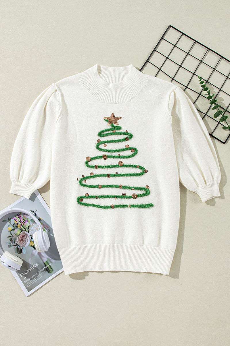 WW | Casual Turtleneck Sweaters with Christmas Tree Sequin Patchwork