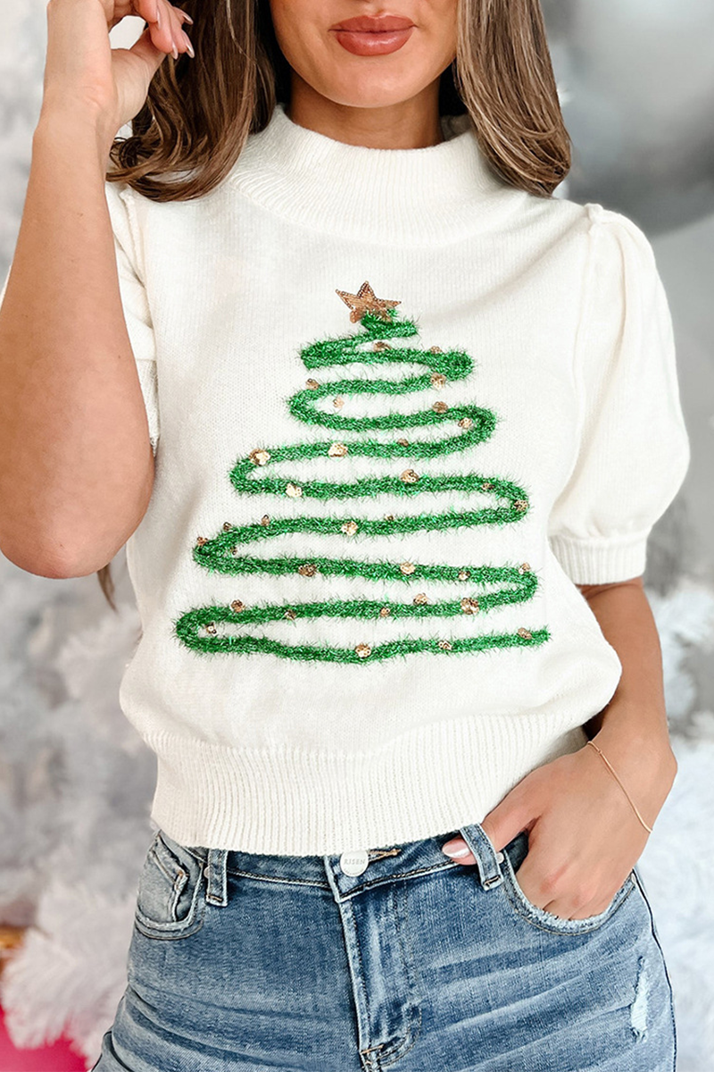 WW | Casual Turtleneck Sweaters with Christmas Tree Sequin Patchwork
