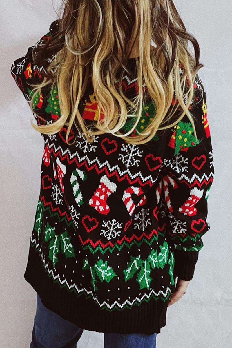 WW | Casual Snowflake Christmas Tree Button Fabric Contrast V-Neck Outerwear