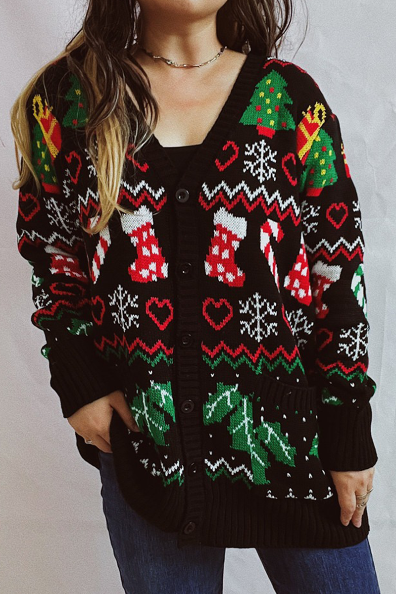 WW | Casual Snowflake Christmas Tree Button Fabric Contrast V-Neck Outerwear