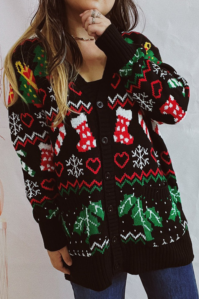 WW | Casual Snowflake Christmas Tree Button Fabric Contrast V-Neck Outerwear